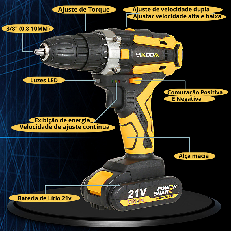 Furadeira Yikoda sem fio recarregável 12/16.8/21v Parafusadeira bateria de lítio multi-funcional, 2 velocidades