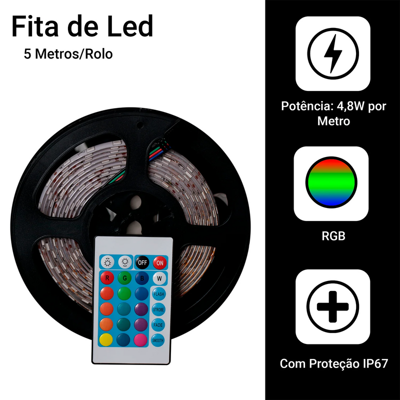 Fita Led 5050 Rgb 5m Ip65 + Controle + Fonte 12v Bivolt