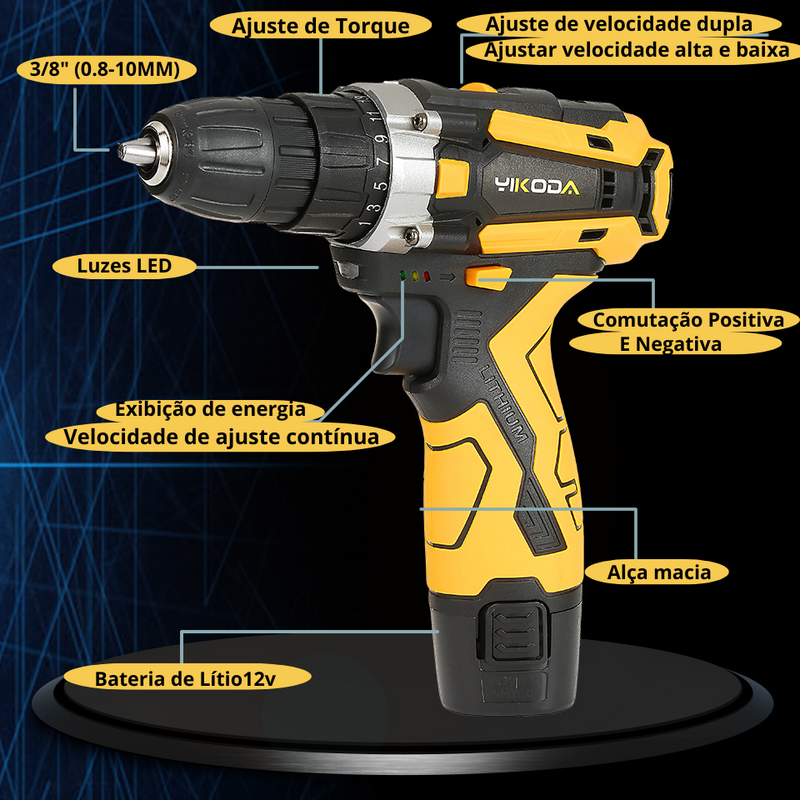 Furadeira Yikoda sem fio recarregável 12/16.8/21v Parafusadeira bateria de lítio multi-funcional, 2 velocidades
