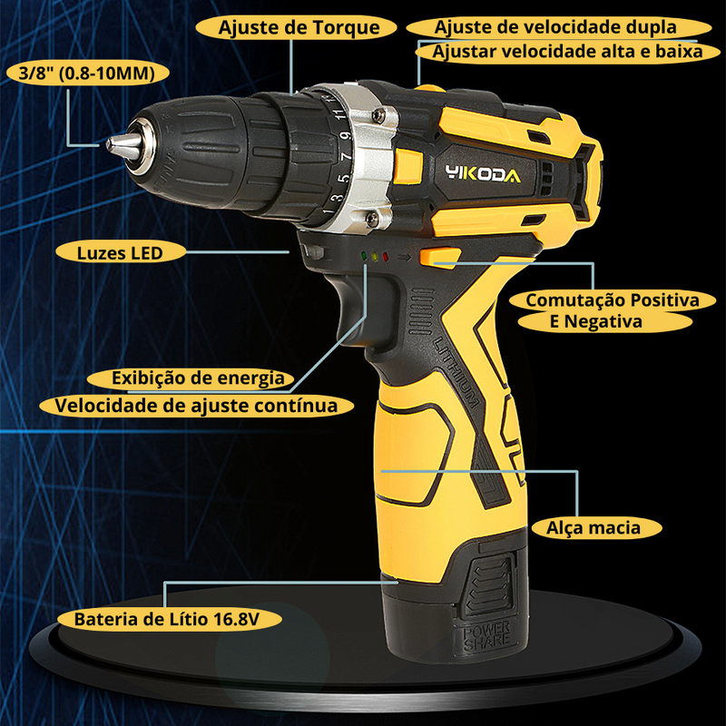 Furadeira Yikoda sem fio recarregável 12/16.8/21v Parafusadeira bateria de lítio multi-funcional, 2 velocidades